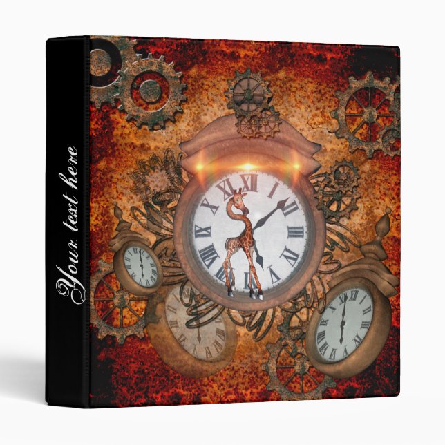 Steampunk, clock with cute giraffe, 3 ring binder (Front/Spine)