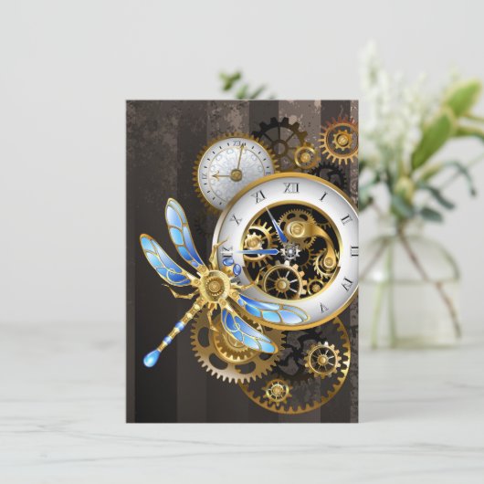 Steampunk Clock with Mechanical Dragonfly (Standing Front)