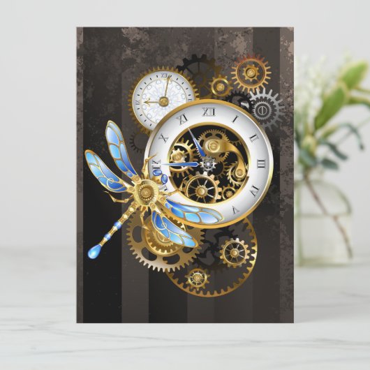 Steampunk Clock with Mechanical Dragonfly (Standing Front)