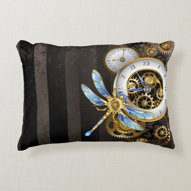 Steampunk Clock with Mechanical Dragonfly Accent Pillow (Front)