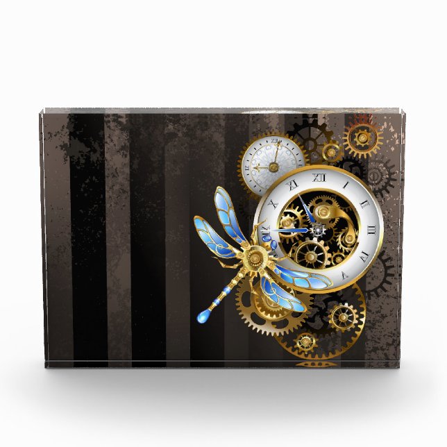 Steampunk Clock with Mechanical Dragonfly Acrylic Award (Front)