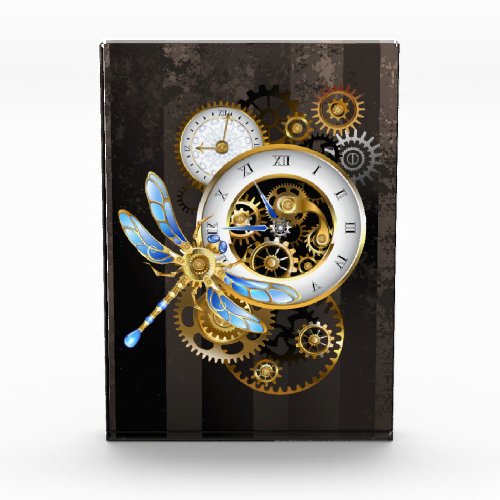 Steampunk Clock with Mechanical Dragonfly Acrylic Award