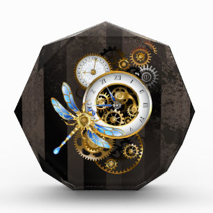 Steampunk Clock with Mechanical Dragonfly Acrylic Award
