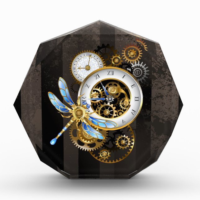 Steampunk Clock with Mechanical Dragonfly Acrylic Award (Front)
