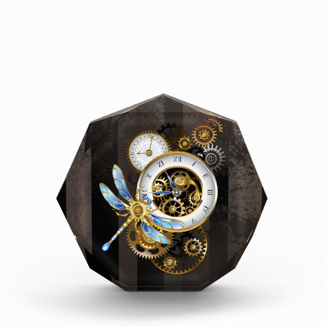 Steampunk Clock with Mechanical Dragonfly Acrylic Award (Front)