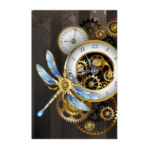 Steampunk Clock with Mechanical Dragonfly Acrylic Print