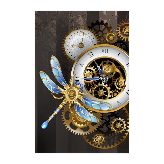 Steampunk Clock with Mechanical Dragonfly Acrylic Print (Front)