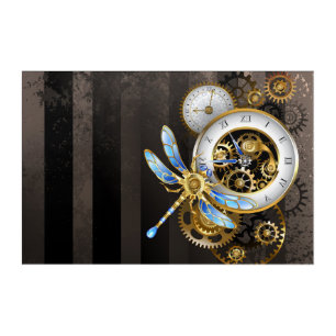 Steampunk Clock with Mechanical Dragonfly Acrylic Print