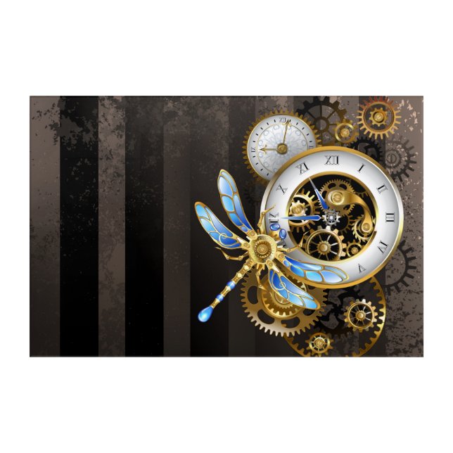 Steampunk Clock with Mechanical Dragonfly Acrylic Print (Front)