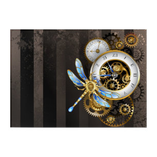 Steampunk Clock with Mechanical Dragonfly Acrylic Print
