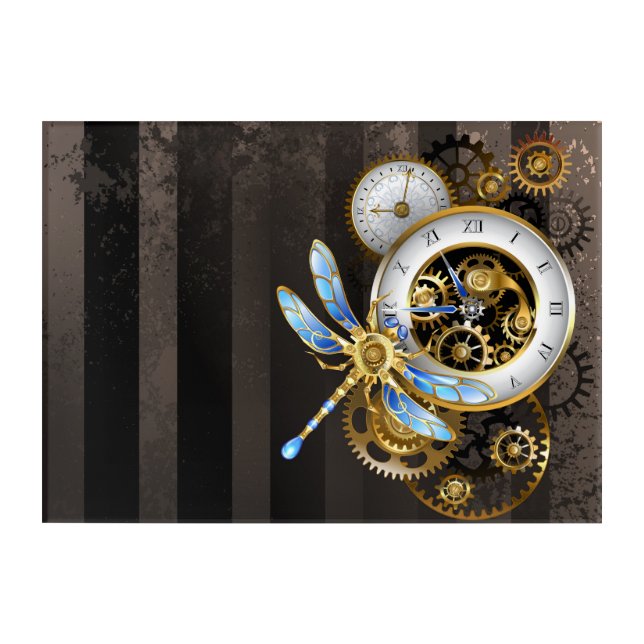 Steampunk Clock with Mechanical Dragonfly Acrylic Print (Front)