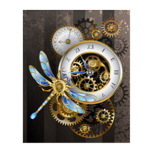 Steampunk Clock with Mechanical Dragonfly Acrylic Print