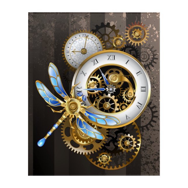 Steampunk Clock with Mechanical Dragonfly Acrylic Print (Front)