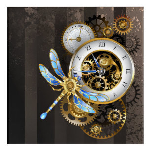 Steampunk Clock with Mechanical Dragonfly Acrylic Print