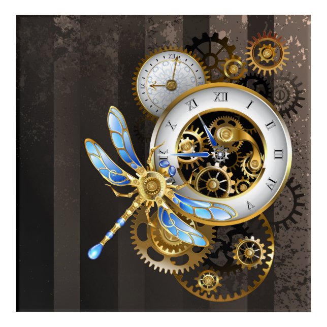 Steampunk Clock with Mechanical Dragonfly Acrylic Print (Front)