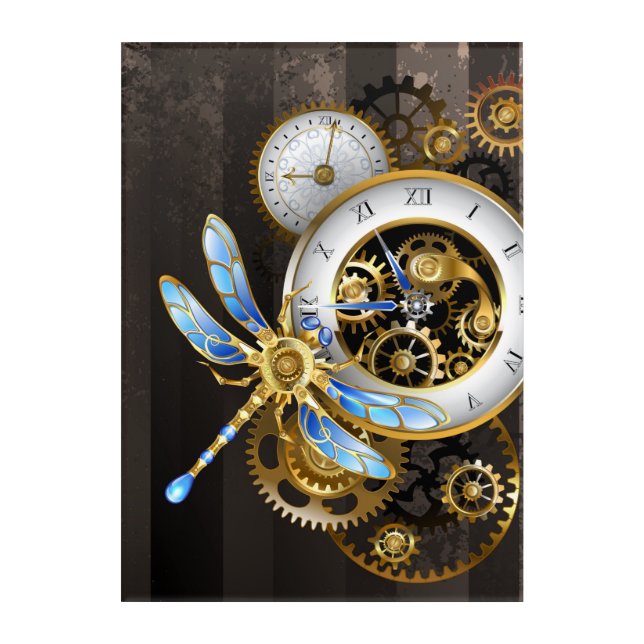 Steampunk Clock with Mechanical Dragonfly Acrylic Print (Front)