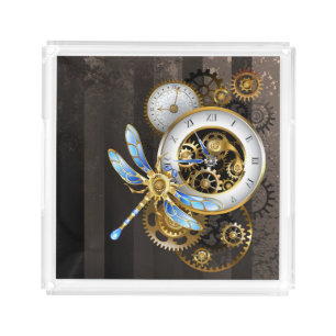 Steampunk Clock with Mechanical Dragonfly Acrylic Tray