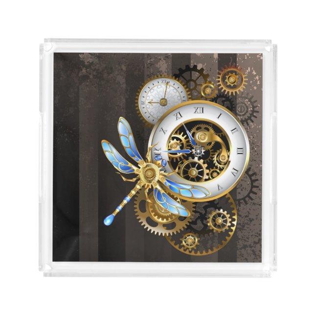 Steampunk Clock with Mechanical Dragonfly Acrylic Tray (Front)