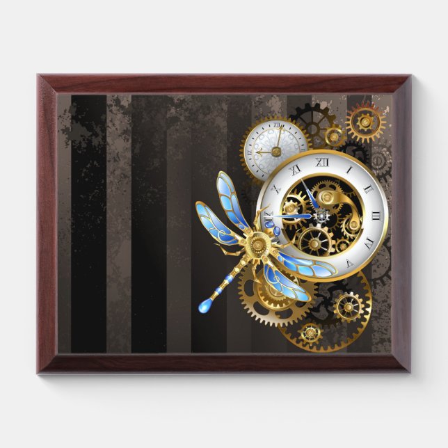 Steampunk Clock with Mechanical Dragonfly Award Plaque (Horizontal)