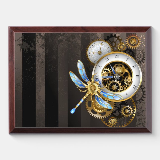 Steampunk Clock with Mechanical Dragonfly Award Plaque (Horizontal)