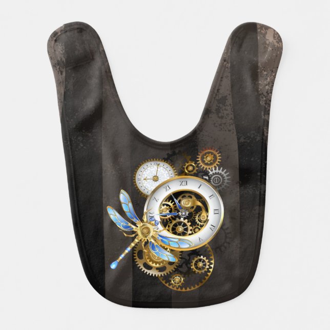 Steampunk Clock with Mechanical Dragonfly Baby Bib (Front)