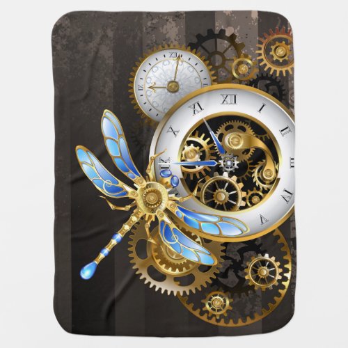 Steampunk Clock with Mechanical Dragonfly Baby Blanket