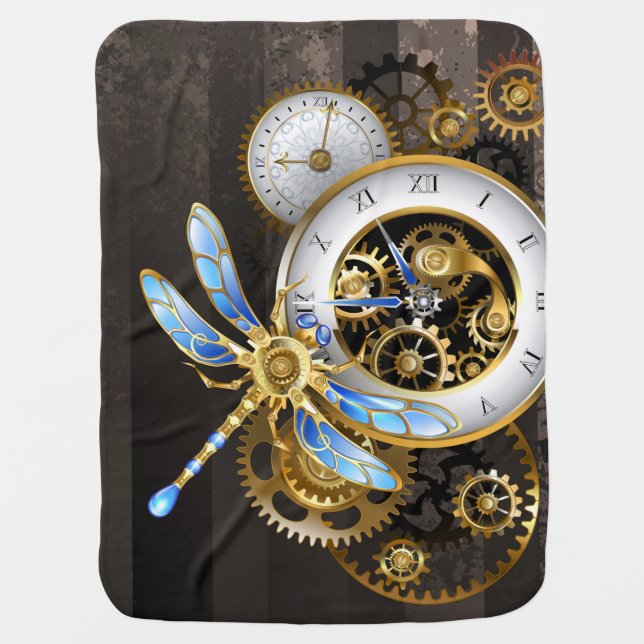 Steampunk Clock with Mechanical Dragonfly Baby Blanket (Front)