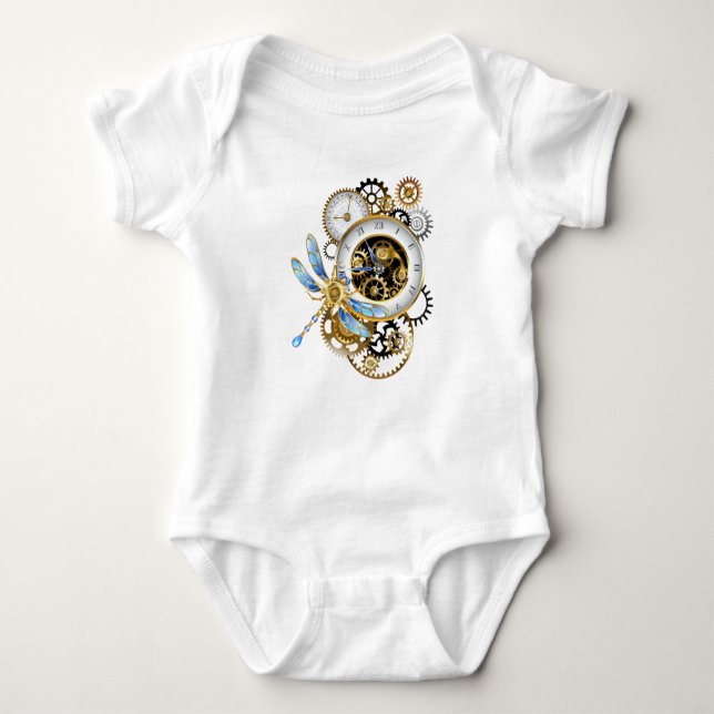 Steampunk Clock with Mechanical Dragonfly Baby Bodysuit (Front)