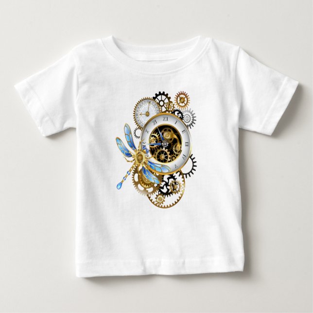 Steampunk Clock with Mechanical Dragonfly Baby T-Shirt (Front)