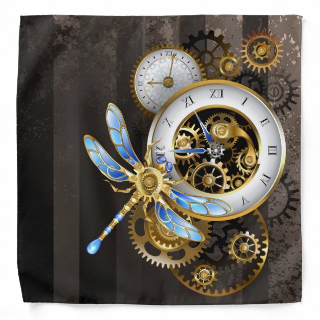 Steampunk Clock with Mechanical Dragonfly Bandana (Front)