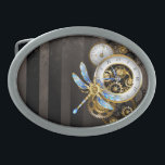 Steampunk Clock with Mechanical Dragonfly Belt Buckle<br><div class="desc">Antique dials with gold and brass gears, decorated with mechanical dragonfly on brown, striped background. Steampunk.</div>