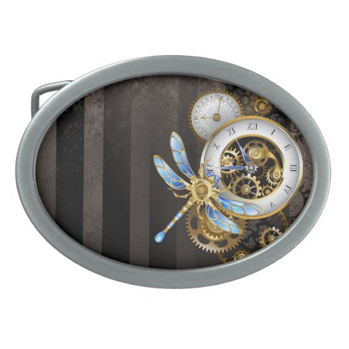 Steampunk Clock with Mechanical Dragonfly Belt Buckle