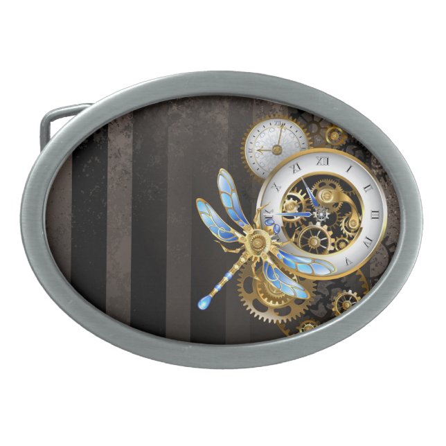 Steampunk Clock with Mechanical Dragonfly Belt Buckle (Front)