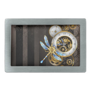 Steampunk Clock with Mechanical Dragonfly Belt Buckle