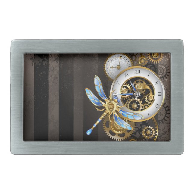 Steampunk Clock with Mechanical Dragonfly Belt Buckle (Front)