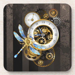 Steampunk Clock with Mechanical Dragonfly Beverage Coaster