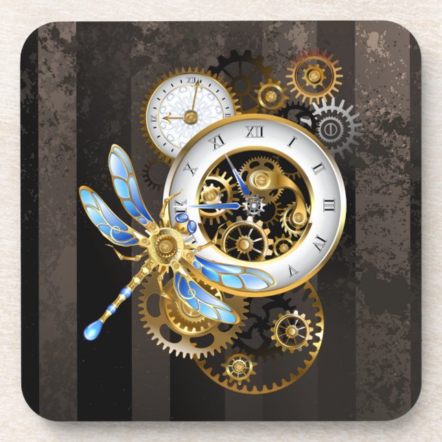 Steampunk Clock with Mechanical Dragonfly Beverage Coaster (Front)