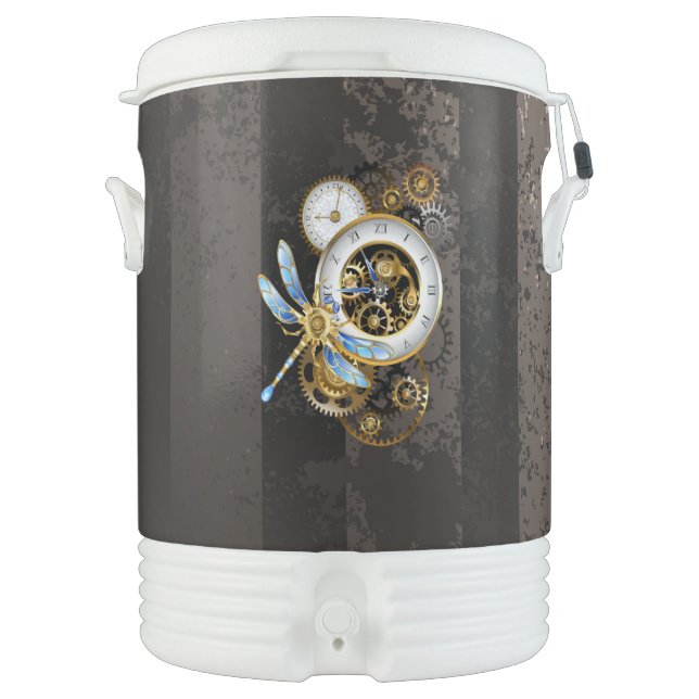Steampunk Clock with Mechanical Dragonfly Beverage Cooler (Front)