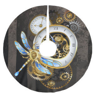 Steampunk Clock with Mechanical Dragonfly Brushed Polyester Tree Skirt
