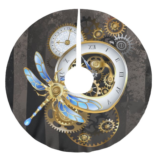 Steampunk Clock with Mechanical Dragonfly Brushed Polyester Tree Skirt (Front)