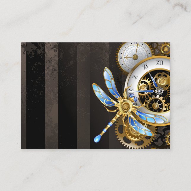 Steampunk Clock with Mechanical Dragonfly Business Card (Front)