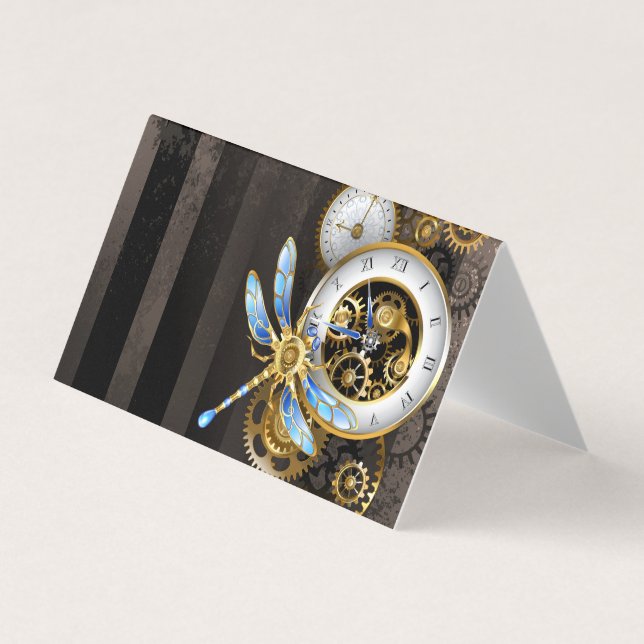 Steampunk Clock with Mechanical Dragonfly Business Card (Front)