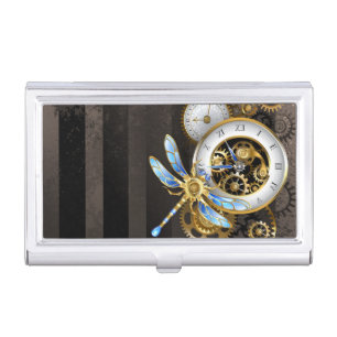 Steampunk Clock with Mechanical Dragonfly Business Card Case