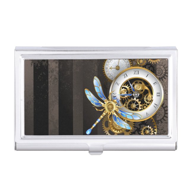 Steampunk Clock with Mechanical Dragonfly Business Card Case (Front)