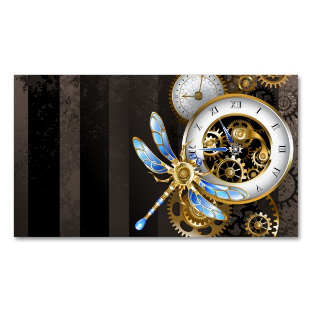 Steampunk Clock with Mechanical Dragonfly Business Card Magnet (Front)