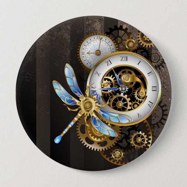 Steampunk Clock with Mechanical Dragonfly Button (Front)