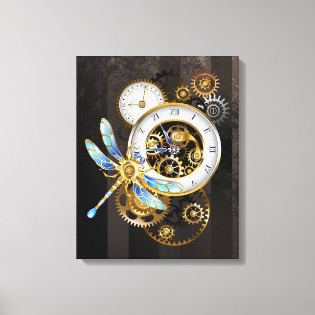 Steampunk Clock with Mechanical Dragonfly Canvas Print (Front)