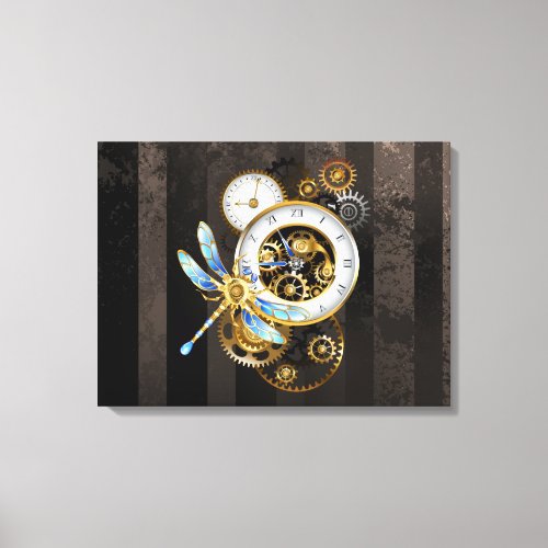 Steampunk Clock with Mechanical Dragonfly Canvas Print