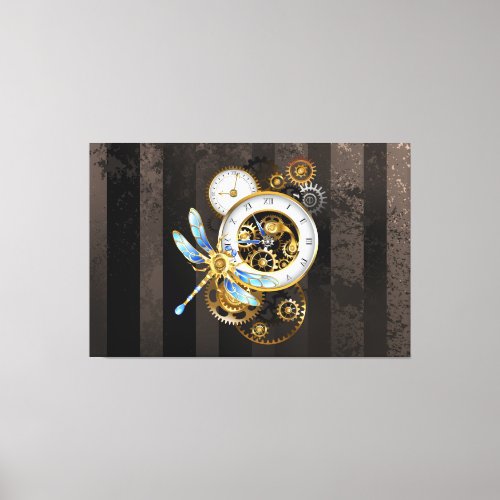 Steampunk Clock with Mechanical Dragonfly Canvas Print