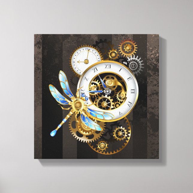 Steampunk Clock with Mechanical Dragonfly Canvas Print (Front)